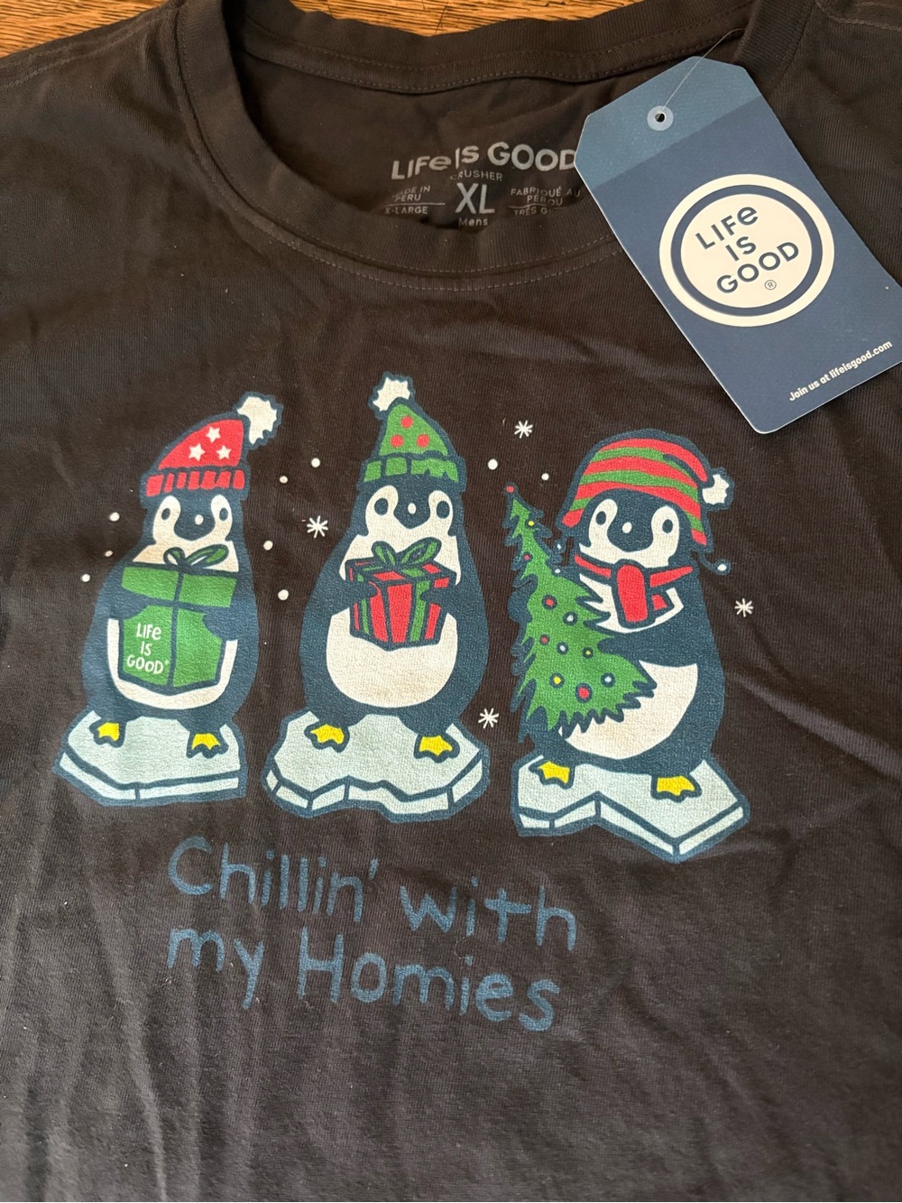 Life Is Good Black Holiday Penguin Trio Graphic Tee